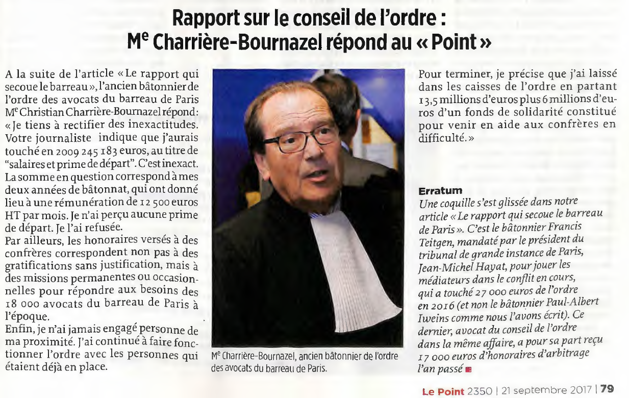 Rapport sur le conseil de l&rsquo;ordre : Me Charrière-Bournazel répond au « Point »